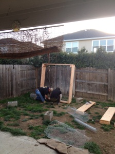 Hubby and James gopher proofing the bottom of the garden box.